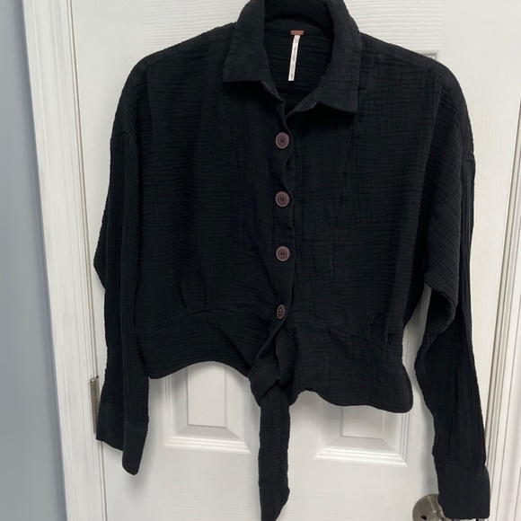 Free People Black Cotton Gauze Button Front Tie Hem Shirt Top XS Boho Casual - Picture 8 of 14